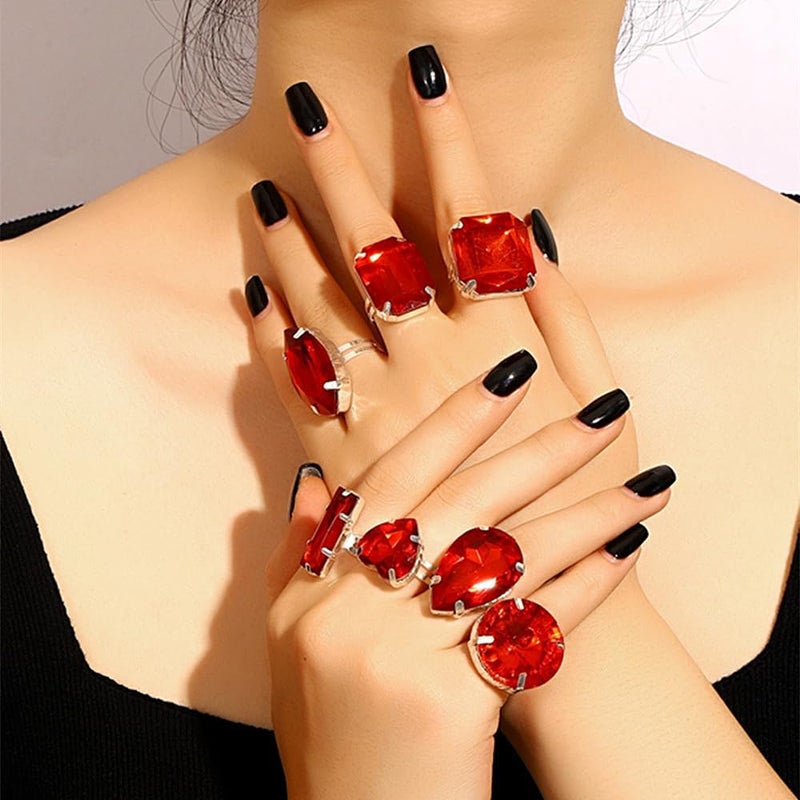 Uarein Chunky 7Pcs Silver Crystal Knuckle Rings Set Geometric Rhinestone Waterdrop Open Rings Stackable CZ Circle Square Finger Rings Jewelry Set for Women - Image 2